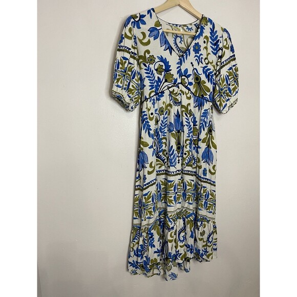Fig & Flower Printed V-Neck Puff Short Sleeve Midi Dress Womens Small - Picture 4 of 11